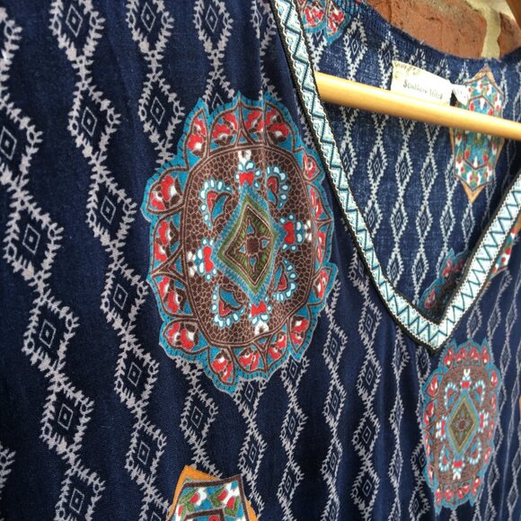 Southern Stitch Tunic Mini Dress Womens XXL Navy Print Tassels Boho Flowy - Picture 4 of 12